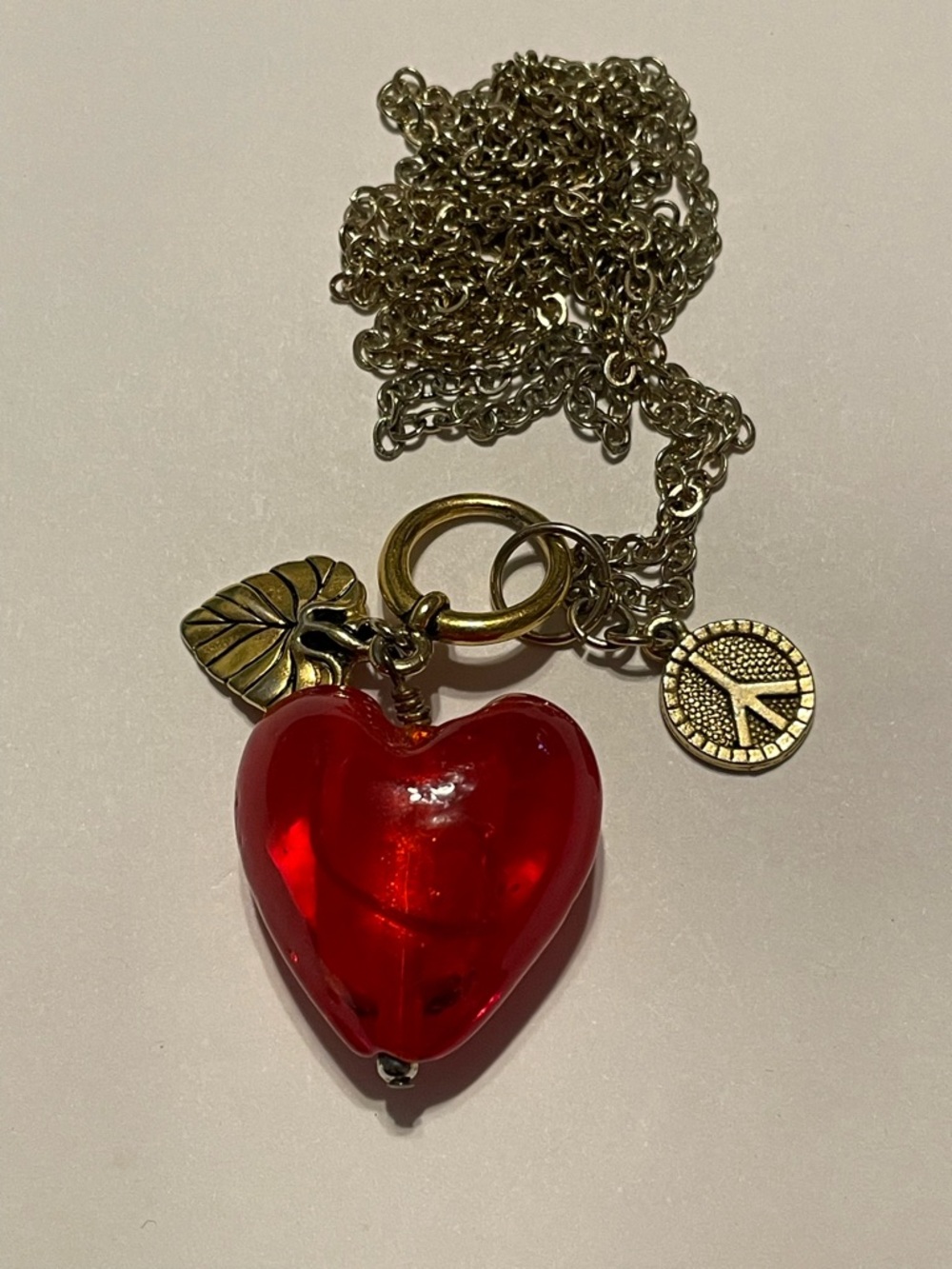 Large Red Heart Art Glass Necklace w/ Peace Sign & Leaf Charms #7645
